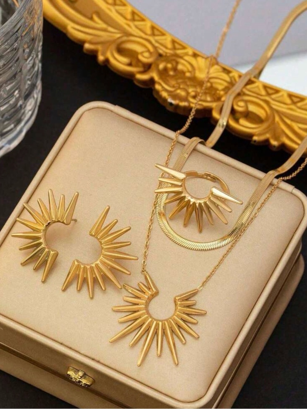 Gold Sunburst Necklace and Earrings Set - Women Jewelry